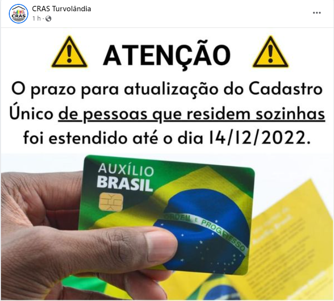 Imagem da notícia: LEMBRETE PARA AS PESSOAS QUE VIVEM SOZINHAS. FAVOR REGULARIZAR SEU CADASTRO ÚNICO NO CRAS, ATÉ O DIA 14 DE DEZEMBRODE 2022.